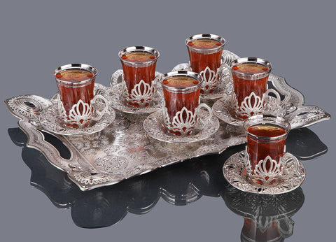 Ahu Six Person Turkish Tea Set with tray-Elite Turkish Bazaar