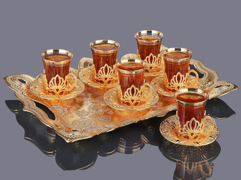 Ahu Six Person Turkish Tea Set with tray-Elite Turkish Bazaar