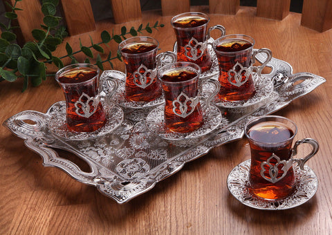 Floral Patterened Tea Set with tray 6 pcs-Elite Turkish Bazaar