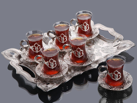 Floral Patterened Tea Set with tray 6 pcs-Elite Turkish Bazaar