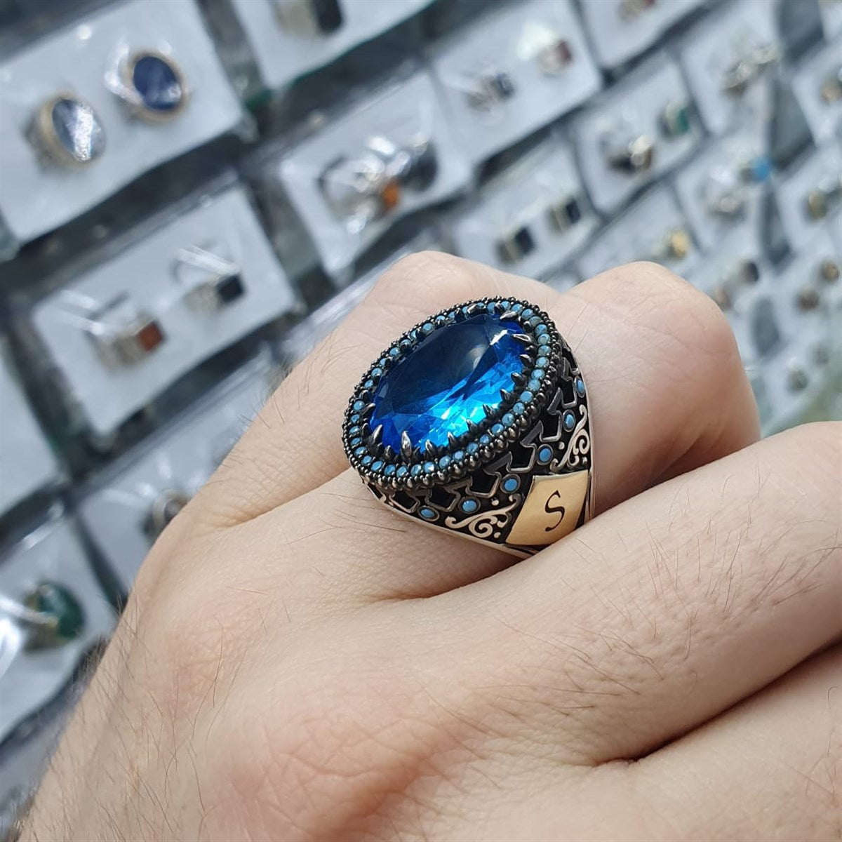 Sapphire Blue Men Ring Multi Stone Eternity Boho Silver Engagement Band –  AGARTA